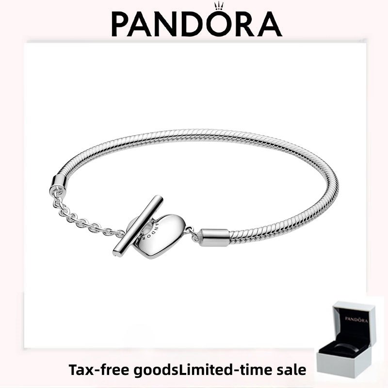 อุปกรณ์เสริม PANDORA (พร้อมกล่อง) คุณภาพสูง Luxury Holiday Love Gift Moments Heart T-Bar Snake Chain Bracelet
