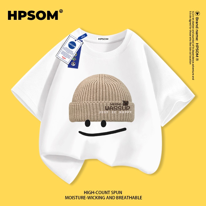 [จัดส่งภายในกทม. วันเดียว] เด็กสีขาวผ้าฝ้ายแท้ระบายอากาศเสื้อยืดบรรยากาศการ์ตูนหมวก เด็กชอบ ลายน่ารัก 3-16 ปีหลวมสบายๆแขนสั้น