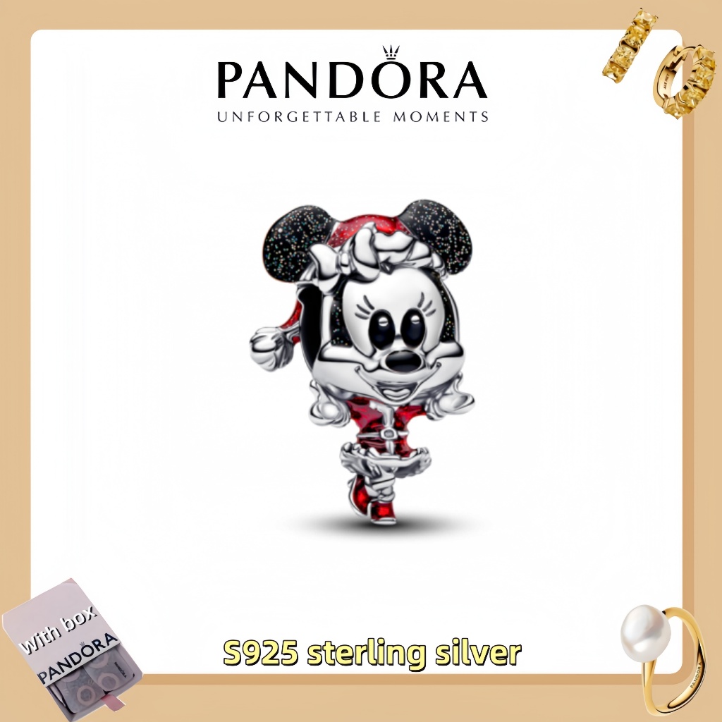 สร้อยข้อมือจี้เครื่องประดับเงินแท้ Pandora S925 (กล่องของขวัญฟรี)Disney Minnie Mouse Holiday Charm