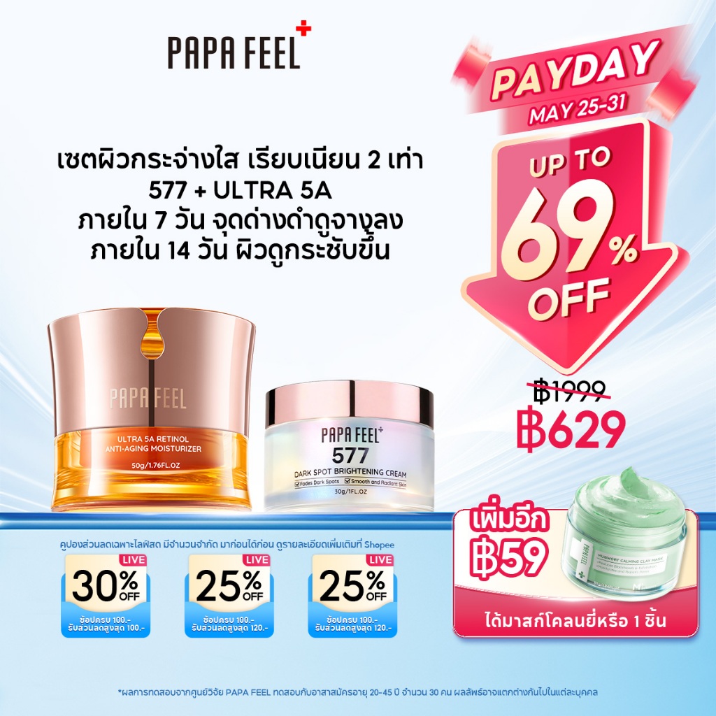 PAPA FEEL ครีมทาหน้า Ultra 5A เรตินอล 577 ครีมทาฝ้า 2Pcs Set ลดริ้วรอย Anti Aging ไวท์เทนนิ่ง Moisturizer ครีม