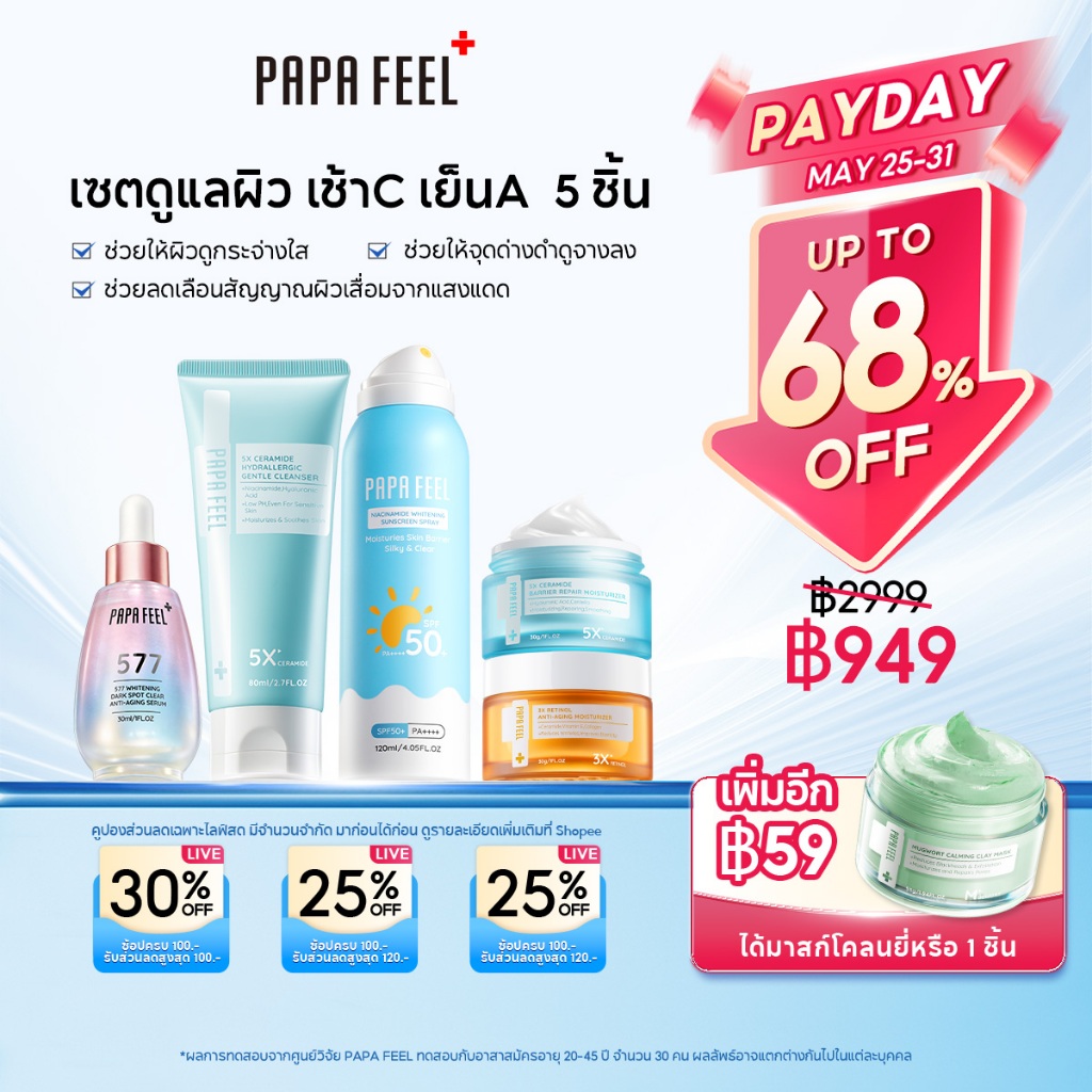 PAPA FEEL เซตสุดคุ้ม 5 ชิ้น : ครบจบในเซตเดียว | เซรั่มลดฝ้า ครีมเรตินอล ครีมเซราไมด์ โฟมล้างหน้า กันแดดสเปรย์ | ผิวแข็งแรง กระจ่างใส [SET]