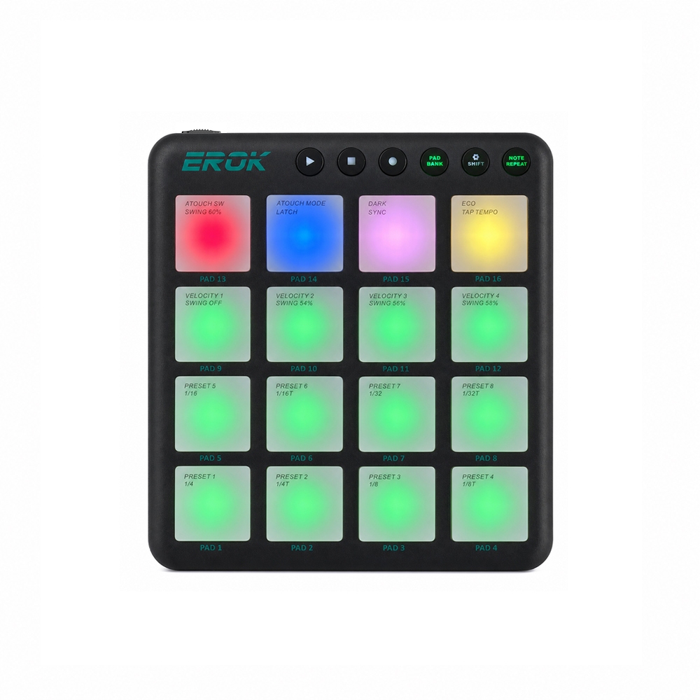 EROK P-16 คอนโทรลเลอร์ MIDI ไร้สาย 16 แผ่น RGB แบบพกพา Beat Maker เครื่องบลูทูธ USB-C
