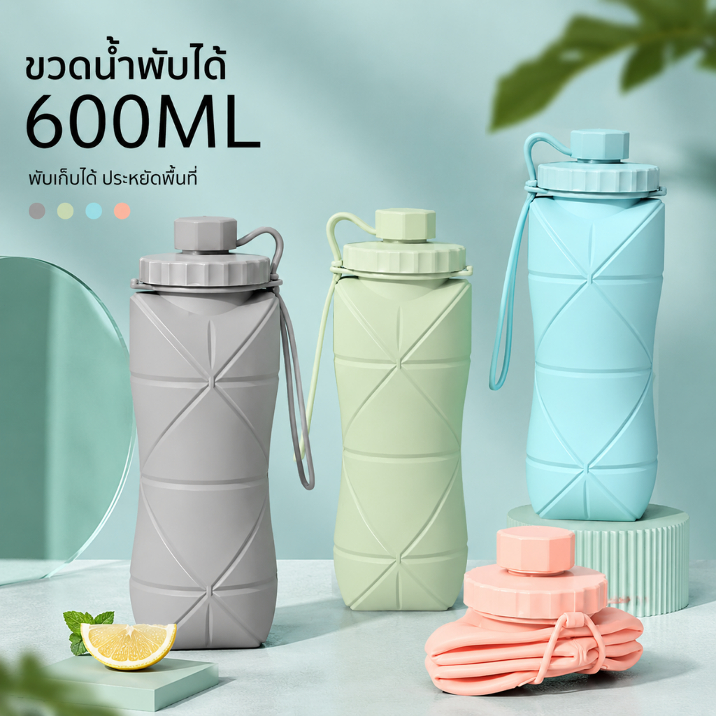 ขวดน้ำพับได้ ขวดน้ำซิลิโคน 600ML ขวดน้ำพกพา พับได้ กันรั่ว Food Grade สำหรับเดินทาง กีฬา แคมป์ปิ้ง SQ007