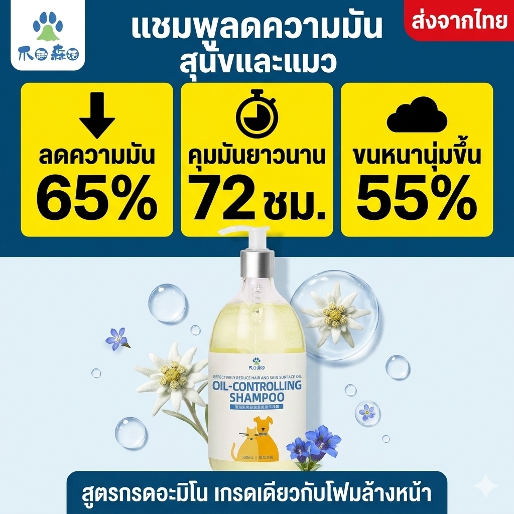 แชมพูสุนัข แมว 500ml ทำความสะอาดล้ำลึก คุมมัน สูตร Amino Acid ขนฟูสวยเงางาม กำจัดไร หอมนาน ลดรังแค
