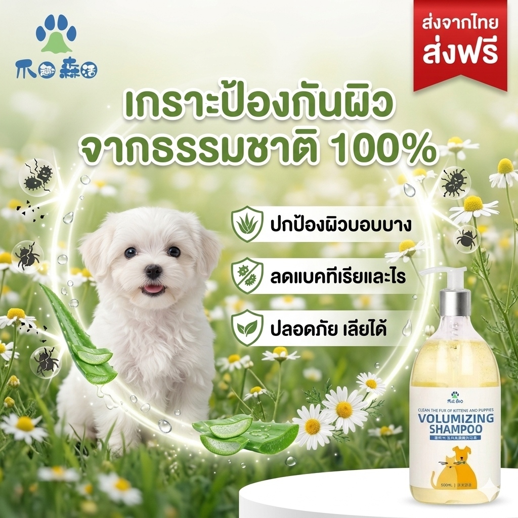 แชมพูสุนัข แมว สูตรอ่อนโยน ลูกแมว ลูกสุนัข ผิวแพ้ง่าย ลดผื่นแดง แก้คัน บำรุงผิวหนัง กลิ่นแป้งเด็ก