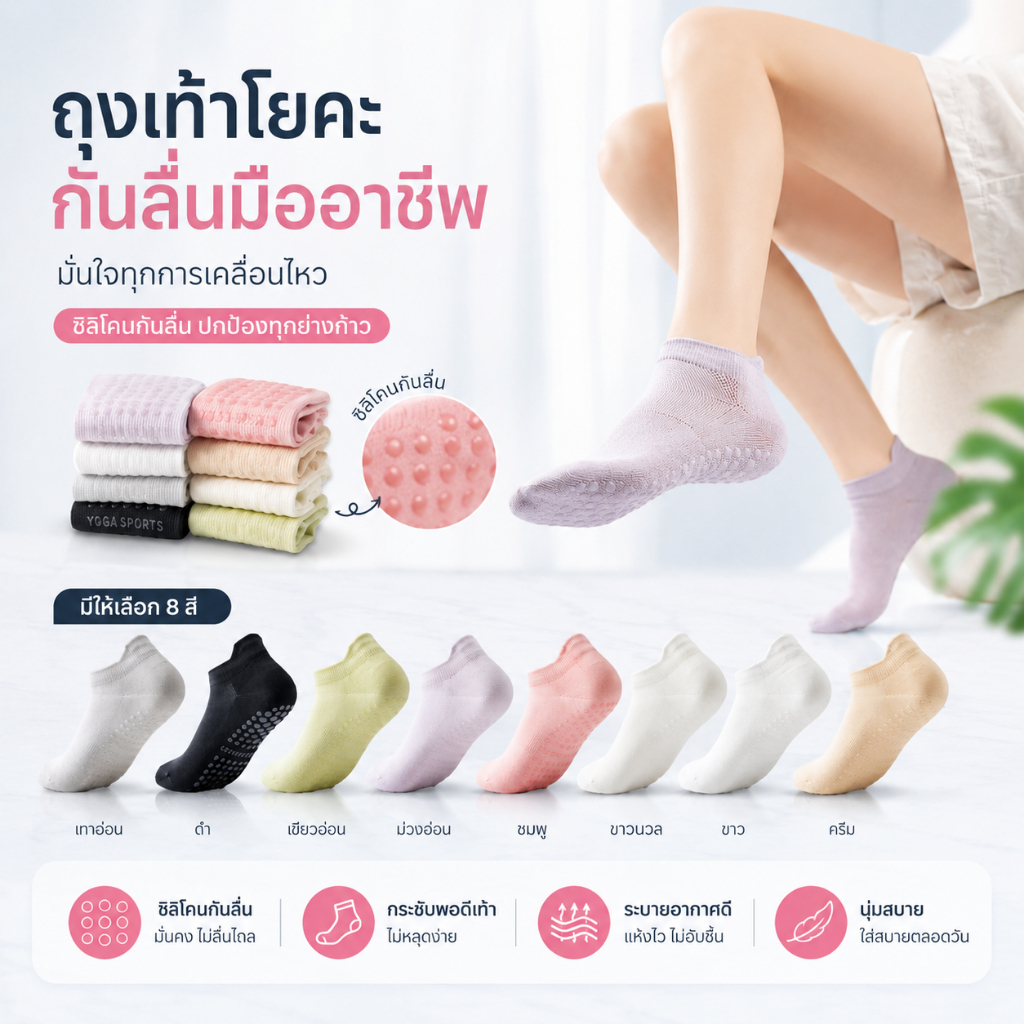 ถุงเท้ากันลื่นสำหรับโยคะ พิลาทิส ออกกำลังกาย ระบายอากาศดี ใส่สบาย ซับเหงื่อ ถุงเท้าสั้น SQ022