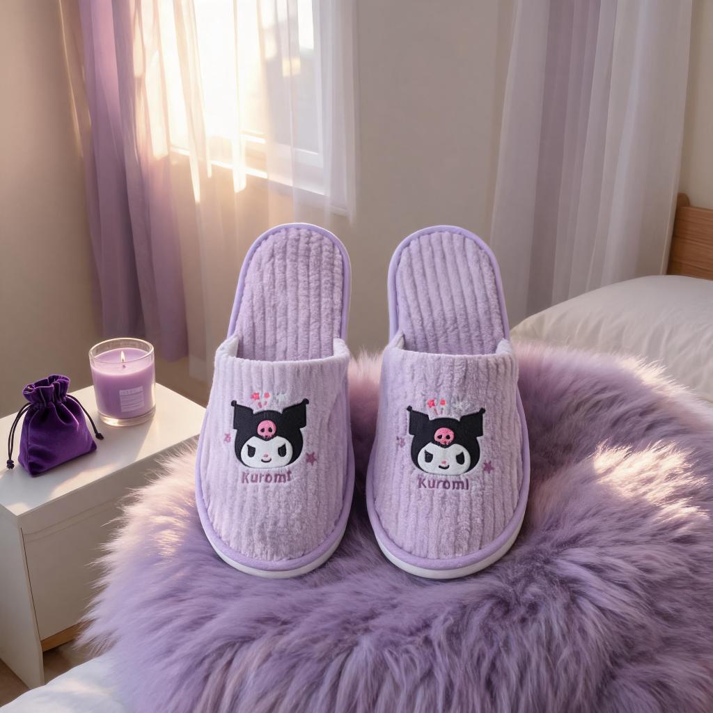 ซานริโอ Sanrio รองเท้าแตะ ผ้าฝ้าย เบา กันลื่น น่ารัก สบาย รองเท้าบ้าน รองเท้าแตะผู้หญิง คุโรมิ