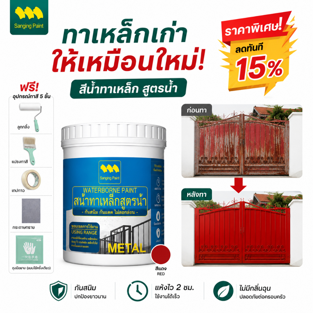 SANQING สีทาเหล็กกันสนิม สีแดงเมทัลลิกสูตรน้ำ แห้งไว 2 ชั่วโมง ปกปิดดี กันแดดกันฝน สีทาเหล็กสำหรับประตู รั้ว เหล็กดัด ฟรีอุปกรณ์ 5 ชิ้น