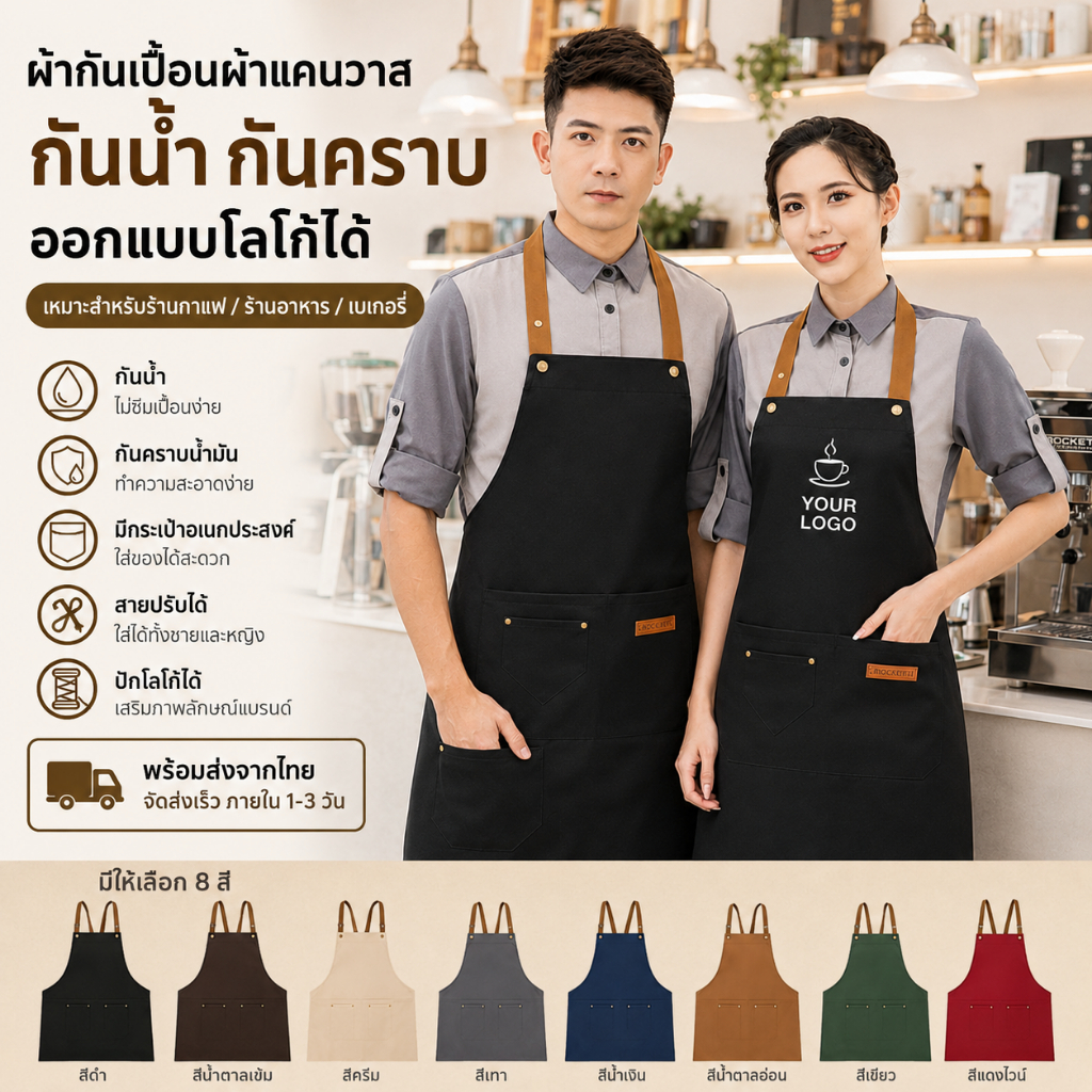 ผ้ากันเปื้อนบาริสต้ากันน้ํา Cafe Chef ผ้ากันเปื้อนครัวโลโก้ที่กําหนดเองร้านอาหาร Workwear Unisex คลังสินค้าพร้อม
