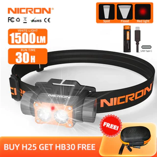 Nicron H25 ไฟหน้า 1500 Lumens ความสว่างสูง Double-Swich Control LED ไฟหน้ากันน้ําโคมไฟ Type-C ชาร์จหัวฉายสําหรับกลางแจ้ง