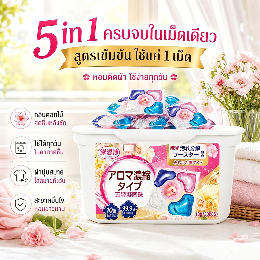 ลูกน้ำซักผ้า 5 ใน 1 เทียนหอม 10 เท่า  ชิ้น กำจัดคราบสกปรก 99.9% ฆ่าเชื้อ ปกป้องสี นุ่มละมุน กลิ่นคงอยู่นาน เหมาะสำหรับเสื้อผ้าของทารกและแม่