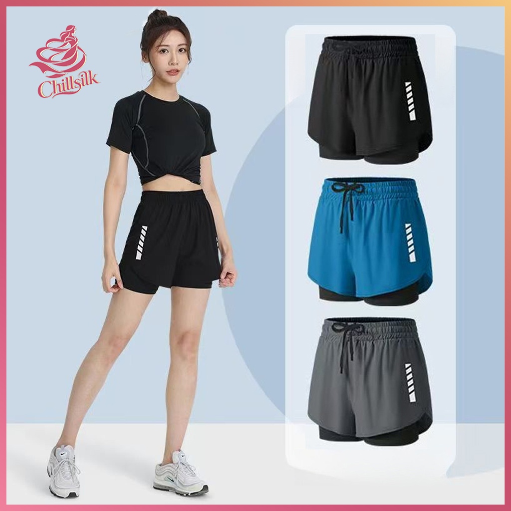 M-3xl กางเกงกีฬาขาสั้น 2-in-1 Dir-Fit ทุกเพศ วิ่ง ปั่นจักรยาน ฟิตเนส สีดำ/เทา/น้ำเงิน