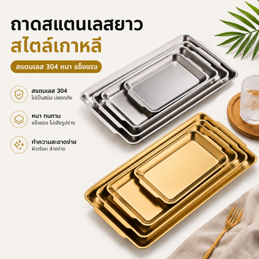 ✨ส่งจากไทย✨ถาดสแตนเลสสี่เหลี่ยมสไตล์เกาหลี สีทอง/เงิน ใช้เป็นจานบาร์บีคิว ถาดอาหาร รุ่นหนา