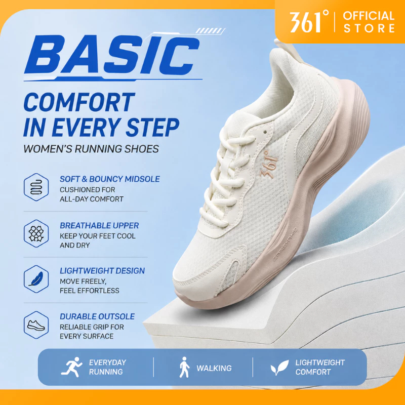 361 Degrees BASIC【2222】 รองเท้าวิ่งกีฬาสำหรับผู้หญิง ทำจากผ้าตาข่ายระบายอากาศ สวมใส่สบาย น้ำหนักเบา รองรับแรงกระแทกได้ดี 682612222