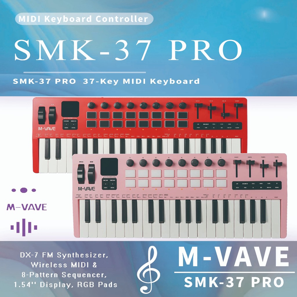 M-VAVE SMK-37 Pro คีย์บอร์ด MIDI 37 คีย์, 16 แผ่น Rgb และ 8 ปุ่มรองรับซอฟต์แวร์คอนโทรลเลอร์ Usb Midi
