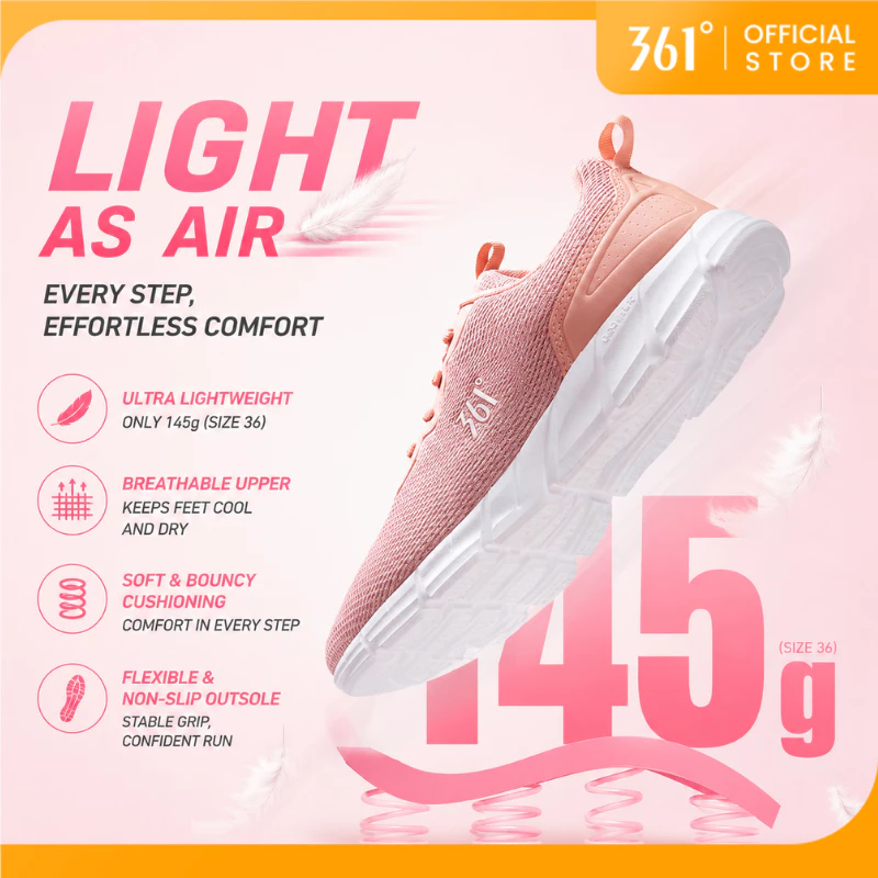 361 Degrees BASIC ผู้หญิงวิ่งกีฬารองเท้าตาข่าย Breathable Casual น้ําหนักเบากันกระแทก Shock Absorption รองเท้าผ้าใบหญิง 681832280
