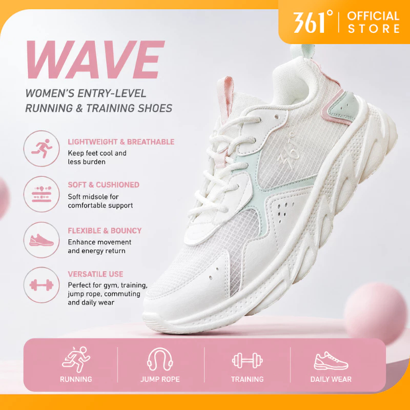 361 Degrees WAVE รองเท้าวิ่งผู้หญิงมีน้ำหนักเบาไม่ลื่นตาข่ายระบายอากาศเดินรองเท้าผ้าใบกีฬาเดินเล่น 682232212