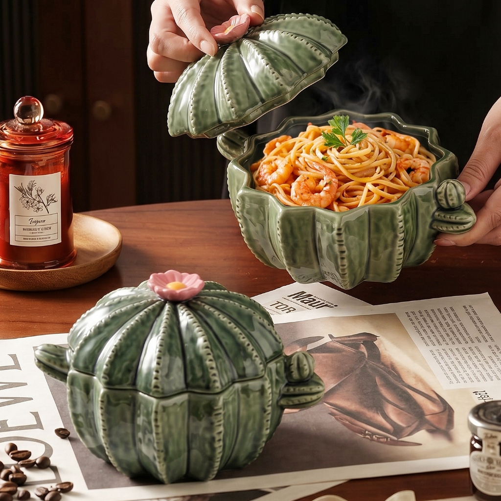 HongDian หม้อเซรามิก ceramic pot ความจุ 900 มล. ดีไซน์ทรงกระบองเพชร มีหูจับ ป้องกันความชื้น ฝุ่น และกันลวก ใช้กับไมโครเวฟและเตาอบได้ bakeware สีเขียวสด สีไม่ซีดไม่ลอก วัสดุปลอดภัย ทนความร้อน เหมาะสำหรับใช้ในบ้าน หรือมอบเป็นของขวัญสุดน่ารัก