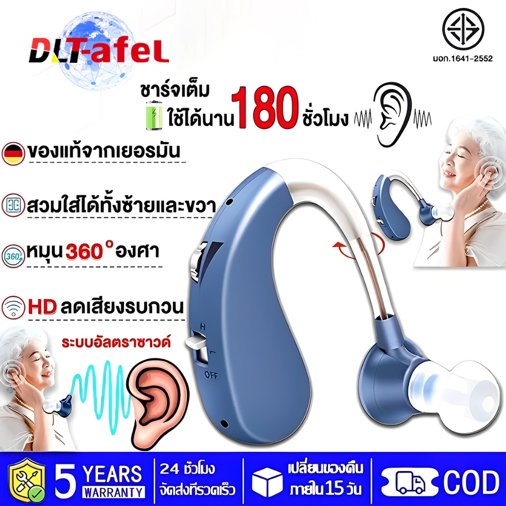 DLT-afel เครื่องช่วยฟัง รุ่นใหม่ล่าสุดAIชิปอัจฉริยะ(ใช้ได้ทั้งหูซ้ายและหูขวา)ใส่สบาย ไม่หลุดง่าย ไม่มีเสียงรบกวน สำหรับคนหูหนวก Hearing Aids