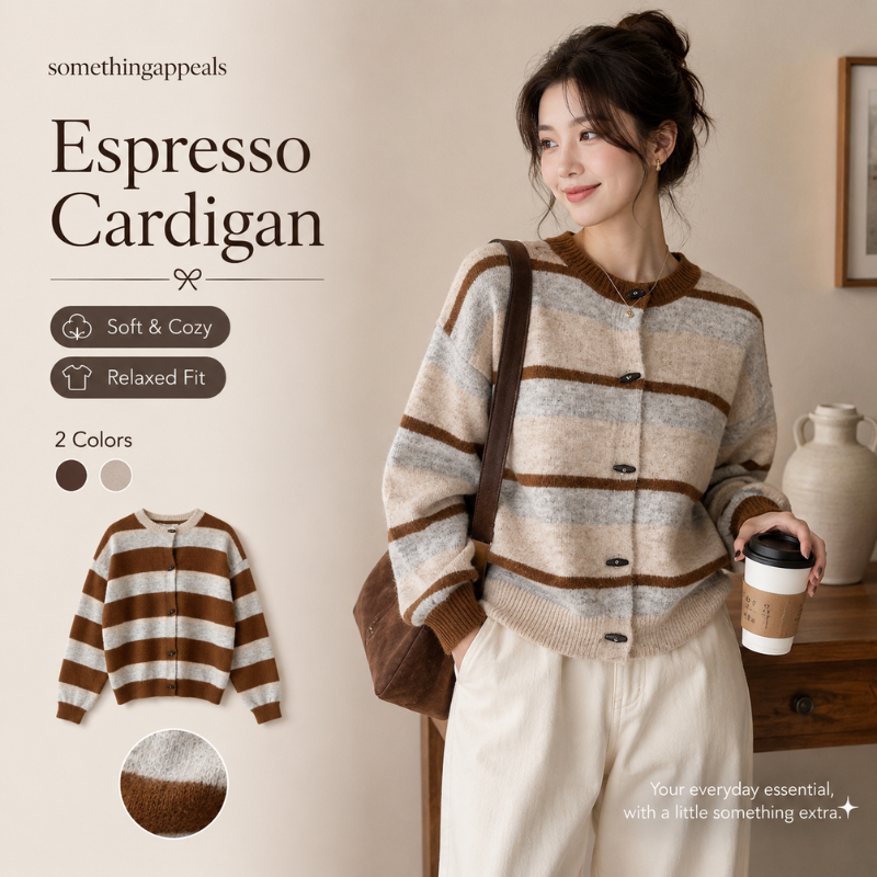 somethingappeals Espresso Cardigan เสื้อคาร์ดิแกนไหมพรมลายทาง ลายทางกระดุมเข็ม ผ้าถักนุ่มสไตล์วินเทจ