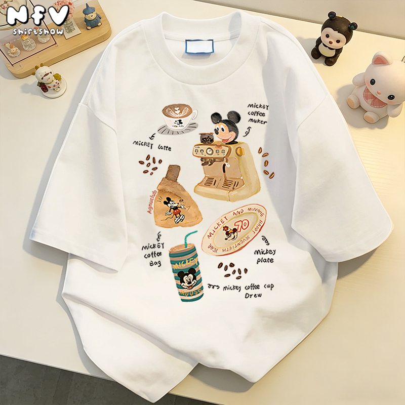 NFV เสื้อยืดแขนสั้นคอกลม✨แฟชั่นเกาหลี ลายพิมพ์มิกกี้เม้าส์ ใส่สบาย ระบายอากาศ ทรงหลวม YG2727