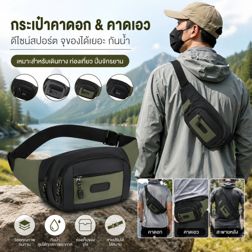 ⚡️จัดส่งจากประเทศไทย⚡กระเป๋าคาดเอว กระเป๋าคาดอก กันน้ำคุณภาพ กระเป๋าคาดอกทรงสปอร์ต ซิป 4 ช่อง สายปรับระดับความยาวได้ กระเป๋าสะพายเอว