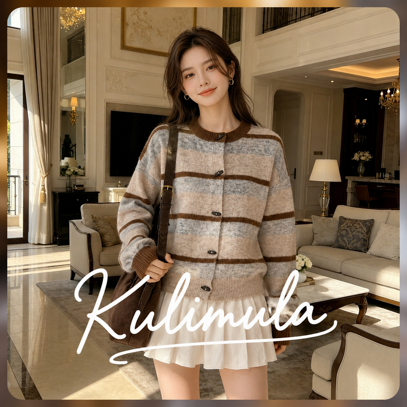 KULIMULA Espresso Cardigan คาร์ดิแกนลายทาง เสื้อคาร์ดิแกนลายทาง เสื้อถักลายทาง สีพาสเทล อบอุ่นเหมาะฤ