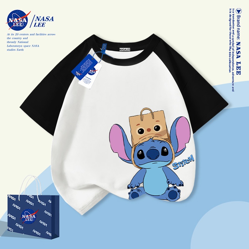 [ส่งจากไทย] เสื้อยืดเด็ก NASA ลายสติทช์ แขนต่อกันสีดำขาว คอกลม แขนสั้น สไตล์น่ารักฮิตๆ สำหรับเด็กชาย-หญิง อายุ 3-16 ปี