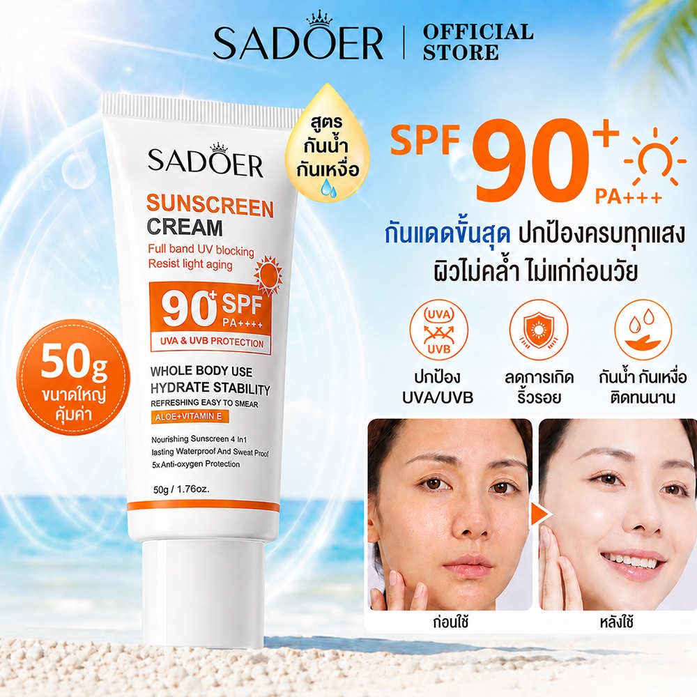 SADOER ครีมกันแดดสําหรับผิวหน้า ครีมกันแดดสําหรับผิวหน้า ปกป้องผิวจากแสงแดดและมลภาวะ SPF 90+PA+++