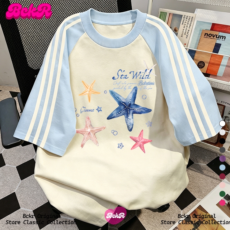 แฟชั่นเกาหลีสไตล์🎀cotton 100% ลายปลาดาว เสื้อผญ เสื้อ⭐ชุดหน้าร้อน oversize คอกลม เสื่อยืดYG2934