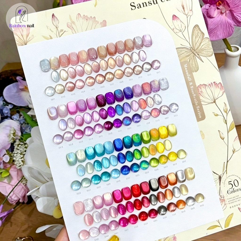Sansu 50 สี สีเจลแคทอายเนื้อซาติน + สีเจลแคทอายลูกแก้ว ครบเซ็ต 50 สี สีสวยแน่นชัด ติดทนนาน เงางามประกายหรูหรา เหมาะสำหรับร้านทำเล็บมืออาชีพและใช้ส่วนตัว แถมฟรีชาร์ทสี Cat Eye 50 สี (พร้อมส่ง)