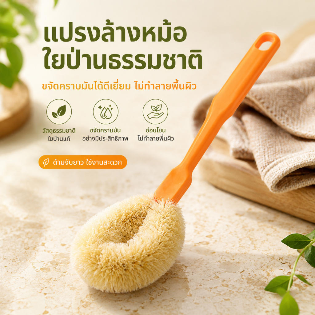 แปรงหม้อใยกัญชงธรรมชาติด้ามยาวป้องกันการกระเด็นไม่สกปรกครัวเรือนครัวที่แข็งแกร่งล้างไขมันทําความสะอาด