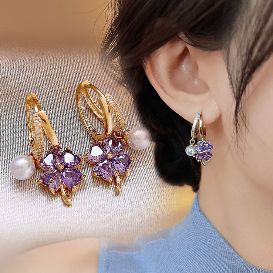 ต่างหูมุก Rhinestone ดอกไม้สีม่วงแฟชั่นประณีต High-End Design Niche ต่างหู