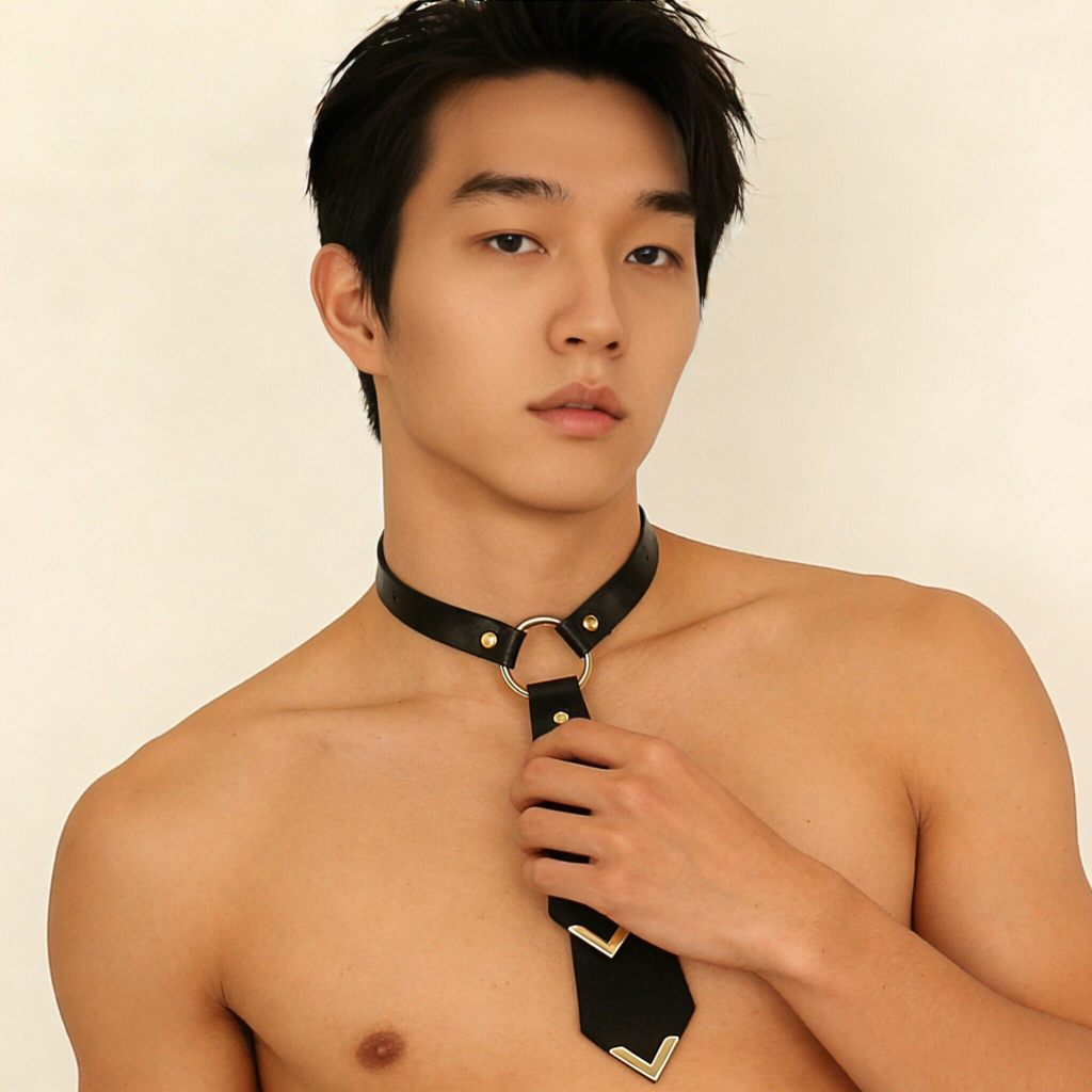 BD789 ปลอกคอหนัง PU ผูกเน็คไท สไตล์พังก์มืด เครื่องประดับ