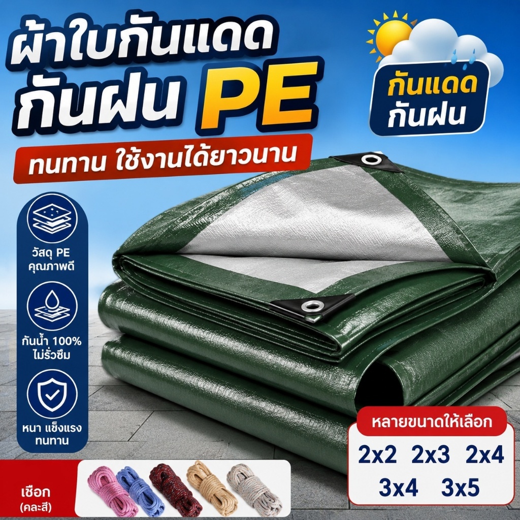 ผ้าใบ PE กันน้ำ กันแดด เกรดพรีเมียม ผ้าใบ 2x2 2x3 2×4 3×4 3×5m ผ้าเต้นท์กันฝน ผ้าใบกันฝน ผ้าใบกันฝน (มีตาไก่) ผ้าใบอเนกประสงค์ หนา เหนียว ทนทาน