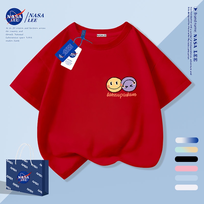 [จัดส่งภายในกทม. วันเดียว] เด็กสีแดงผ้าฝ้ายแท้ระบายอากาศเสื้อยืดบรรยากาศการ์ตูนยิ้ม Childlike ลายน่ารัก 3-16 ปีหลวมสบายๆแขนสั้น