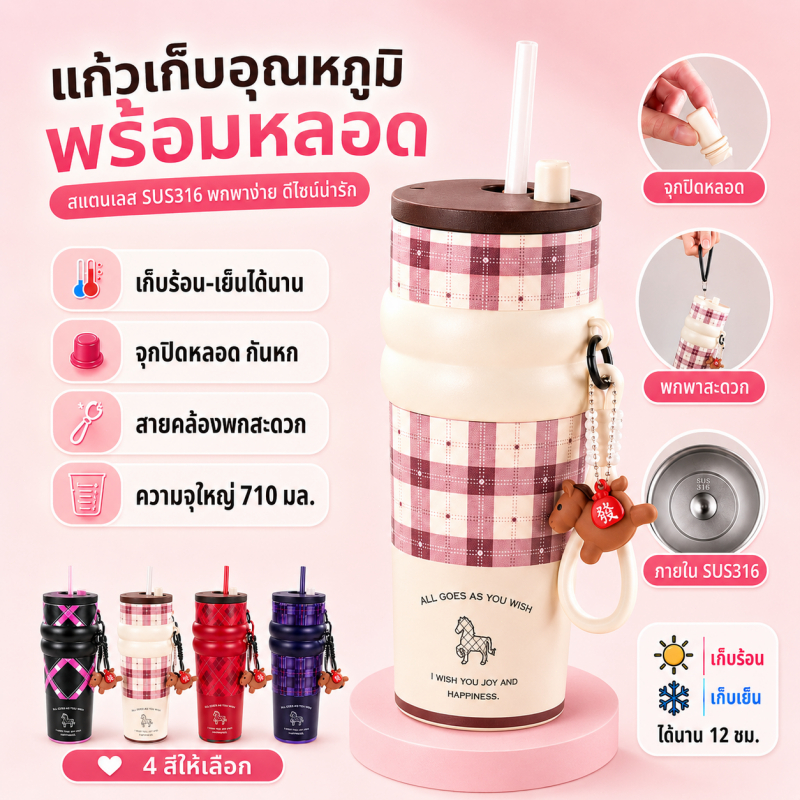 แก้วเก็บอุณหภูมิ 710ml พร้อมหลอด สแตนเลส SUS316 กันหก พกพาสะดวก เก็บร้อน-เย็นได้นาน 12 ชั่วโมง มี4สีให้เลือก