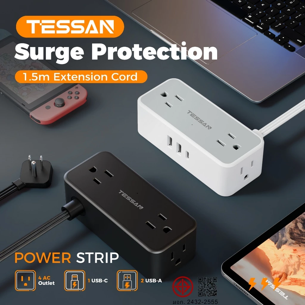 TESSAN ปลั๊กไฟพ่วง USB+Type-C หัวแบนบาง ปลั๊กอเนกประสงค์ มีมอก. แท้ สำหรับเดินทาง ทนทาน