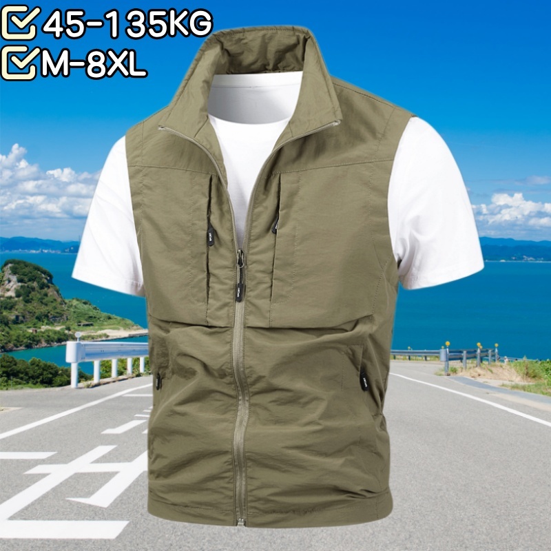 [สวมใส่ 45-135 กก.] M-8XL ฤดูร้อน Plus ขนาดผู้ชายซิปหลายกระเป๋าเสื้อกั๊กผู้ชายเสื้อกั๊กตกปลากันน้ําอินเทรนด์ Casual Workwear