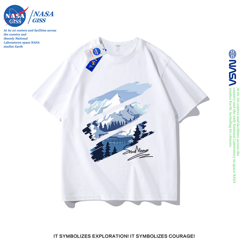 NASA เสื้อยืดชายหญิงแขนสั้น สไตล์ลำลอง summer ภูเขาหิมะ พิมพ์ลาย t-shirt แบบหลวม คอกลม ยับยากไม่ต้องรีด