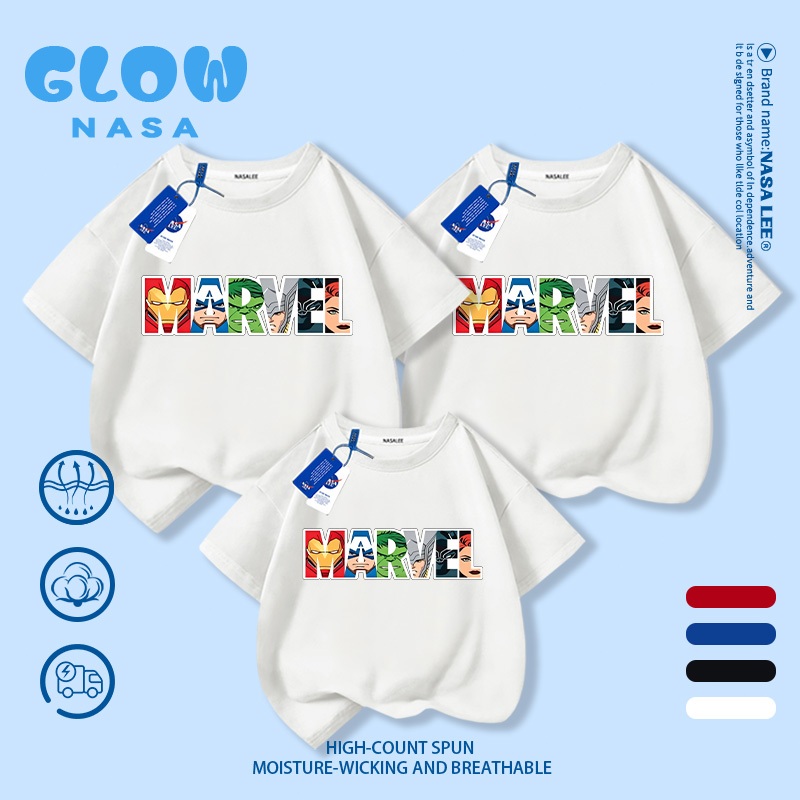 [ส่งจากกรุงเทพฯ] เสื้อคู่แม่ลูก NASA ลายมาร์เวล สีขาว คอกลม แขนสั้น ใส่สบาย เรียบง่าย สำหรับครอบครัว 3 คน