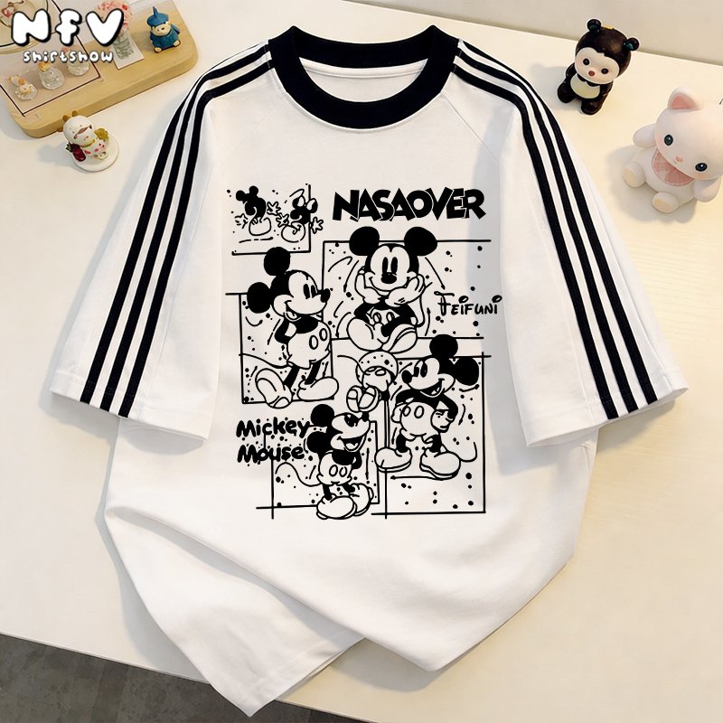 NFV แฟชั่นเกาหลี🎀เสื้อยืดแขนสั้นคอกลม Oversized ลายพิมพ์การ์ตูน Mickey Mouse ทรงหลวม ผ้าฝ้าย YG449