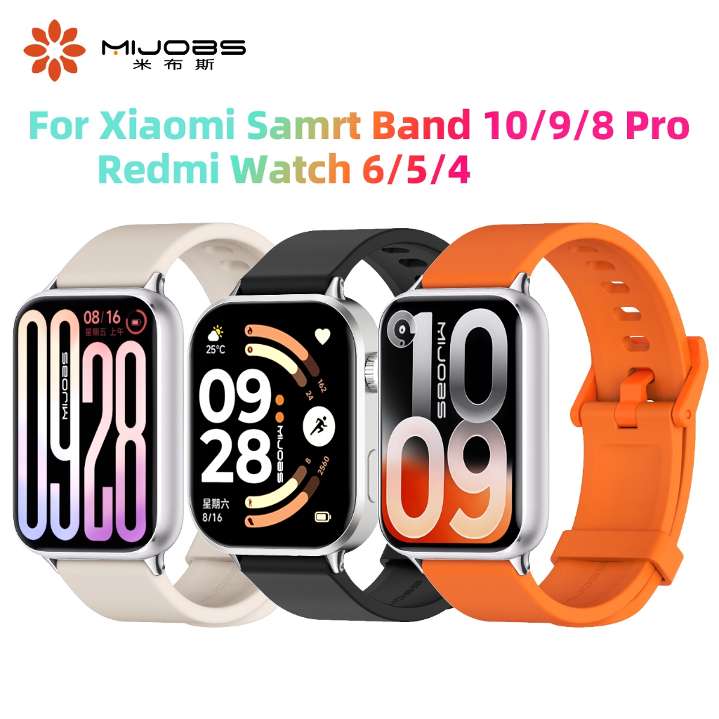 MIJOBS สายนาฬิกาซิลิโคน สำหรับ Redmi Watch 6 / 5 / 4 พร้อมข้อต่อโลหะ สายนาฬิกากันน้ำสำหรับ Mi Band 10 Pro / 9 Pro / 8 Pro (Global Version) สายรัดข้อมือระบายอากาศได้ดีสำหรับ Mi Band 8 Pro NFC