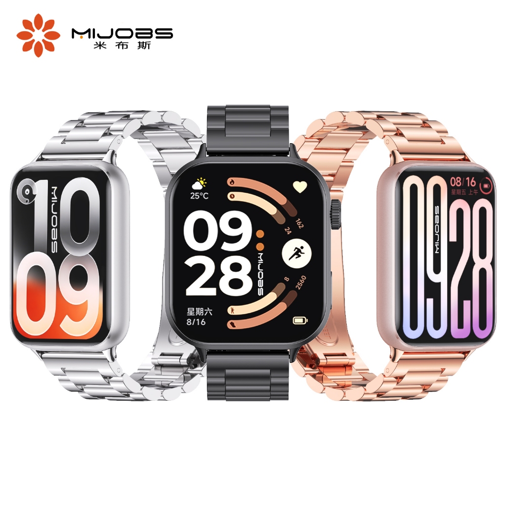 MIJOBS สายนาฬิกาโลหะ ลาย 3 เม็ด สำหรับ Mi Band 10 Pro 9 Pro 8 Pro และ Redmi Watch 6 5 4 สายสแตนเลสสตีลสำหรับ Redmi Watch 6 Active 6 Lite สายนาฬิกาสำหรับสมาร์ทวอทช์ สำหรับผู้ชายและผู้หญิง