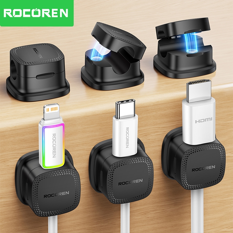 Rocoren Magnetic Cable Management Cord Organizer 6 ชิ้นแม่เหล็กคลิปสายกาวผู้ถือสายไฟ Keeper ภายใต้โต๊ะสายไฟ Hider