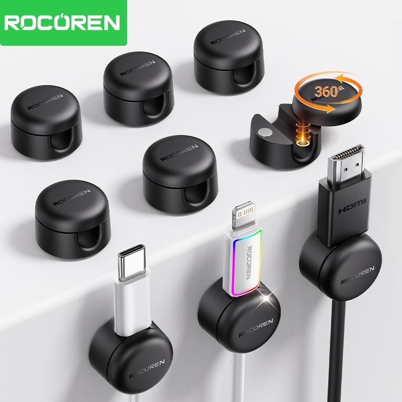 Rocoren 9 ชิ้น 360° หมุนการจัดการสายเคเบิลแม่เหล็กสายไฟออแกไนเซอร์คลิปสายเคเบิลกาวอัพเกรดผู้ถือลวดภายใต้โต๊ะ