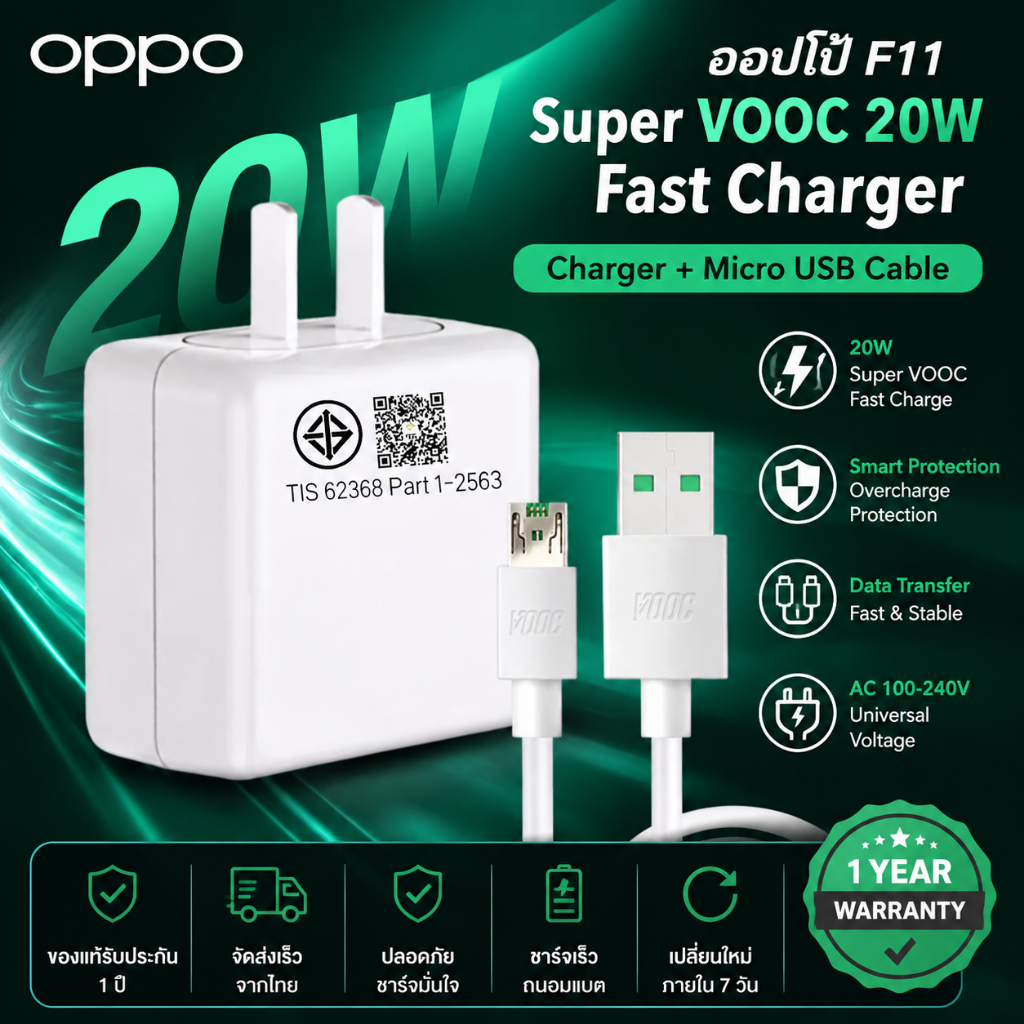 ชุดชาร์จ OPPO F11 Super VOOC 20W ของแท้ หัวชาร์จพร้อมสาย USB-A to Micro USB ชาร์จเร็ว ตัดไฟอัตโนมัติ รับประกัน 1 ปี