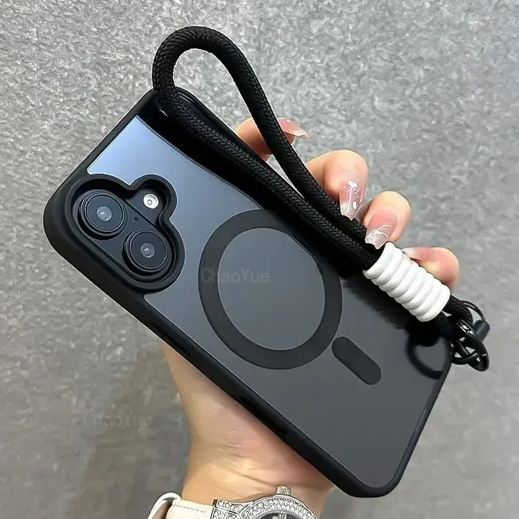 หรูหราสายรัดข้อมือMatte Clearไร้สายชาร์จโปร่งใสเคสโทรศัพท์เหมาะสําหรับIPhone 16 15 14 13 12 11 Pro Max X XR XS Max 7 8 Plus Lanyardกันกระแทกโทรศัพท์ป้องกัน