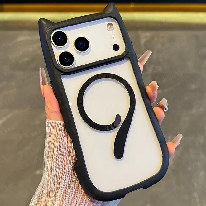 เคสโทรศัพท์ชาร์จไร้สายแม่เหล็กสุดหรูรูปหูและหางแมวน่ารัก รองรับ iPhone 17 16 15 14 13 12 11 Pro Max Plus Air กันตก เคสแข็งใสป้องกันตัวเครื่องและเพิ่มความสวยงาม
