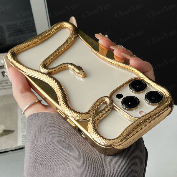 3D Hollowed Outงูรูปทองเคสโทรศัพท์เข้ากันได้สําหรับIPhone 11 12 13 14 15 16 17 Pro Max PlusกันกระแทกSoft Simple Anti Fall Soft CoverกลับElectroplatingกรณีปลอก